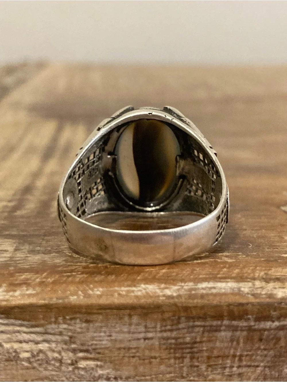Sterling Silver Men's Statement Ring w/ Brown & Gray Cabochon Stone Dragon Claw